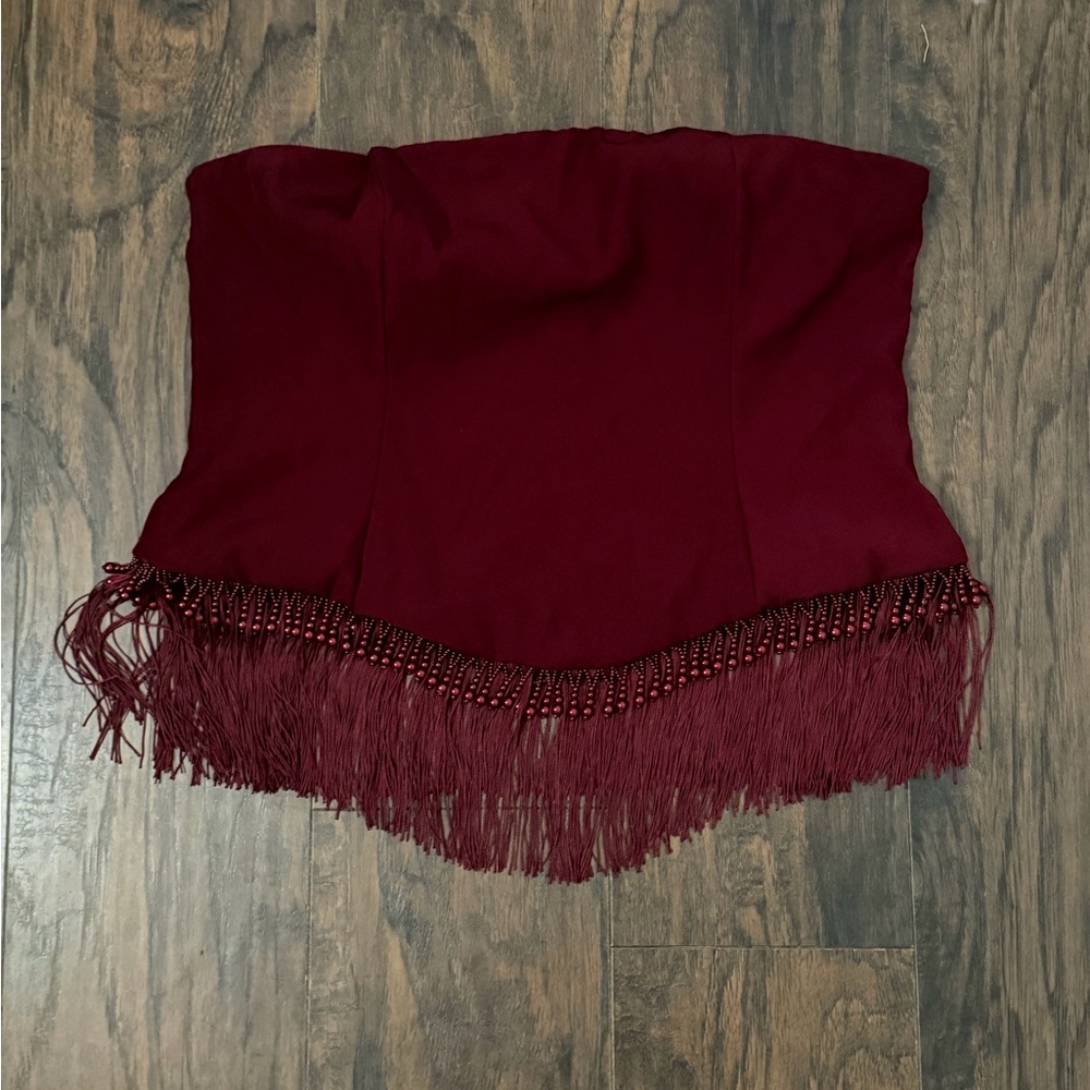 NWT PrettyLittleThing Burgundy Zip-Up Corset with Fringe details